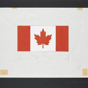 Dessin d’un modèle de drapeau canadien très similaire à celui d’aujourd’hui, avec des notes manuscrites