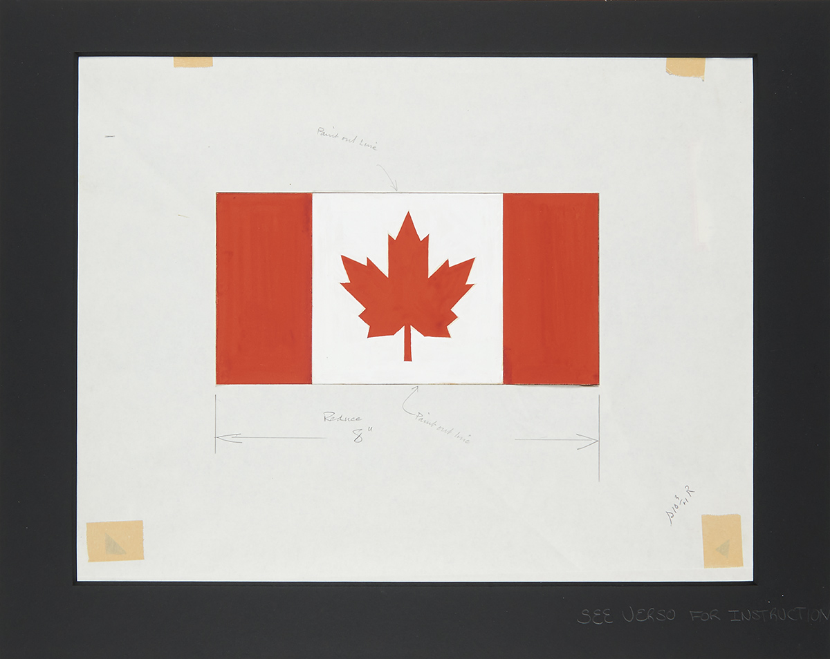 Un dessin en noir et blanc d'un drapeau canadien exposé au Musée canadien de l'histoire à Ottawa.