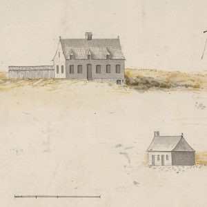 Dessin d’une maison française du XVIIIe siècle dans un paysage libre.