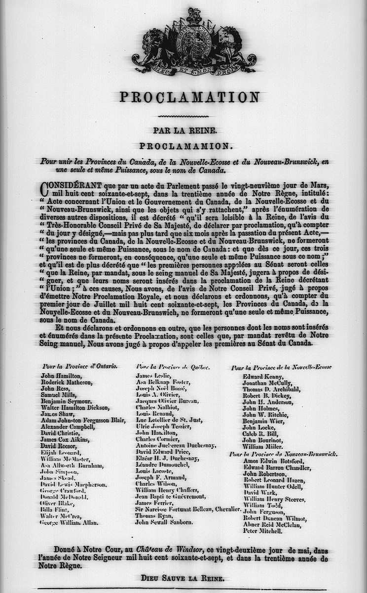 Une image en noir et blanc d'une proclamation à Ottawa.