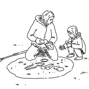 Un adulte et un enfant produisant des outils en pierre