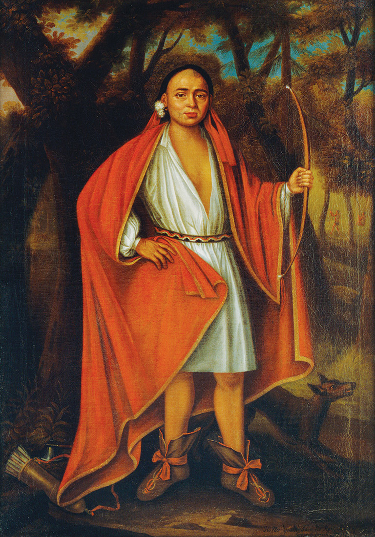 A painting of a man holding a bow and arrow exhibited at the Canadian Museum of History in Ottawa.