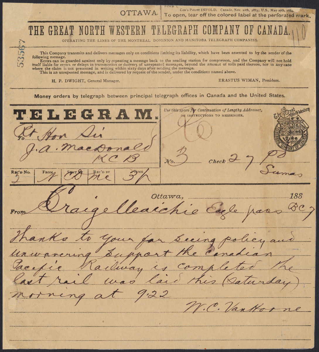 Une lettre de la Great North Telegram Company of Canada à Ottawa.