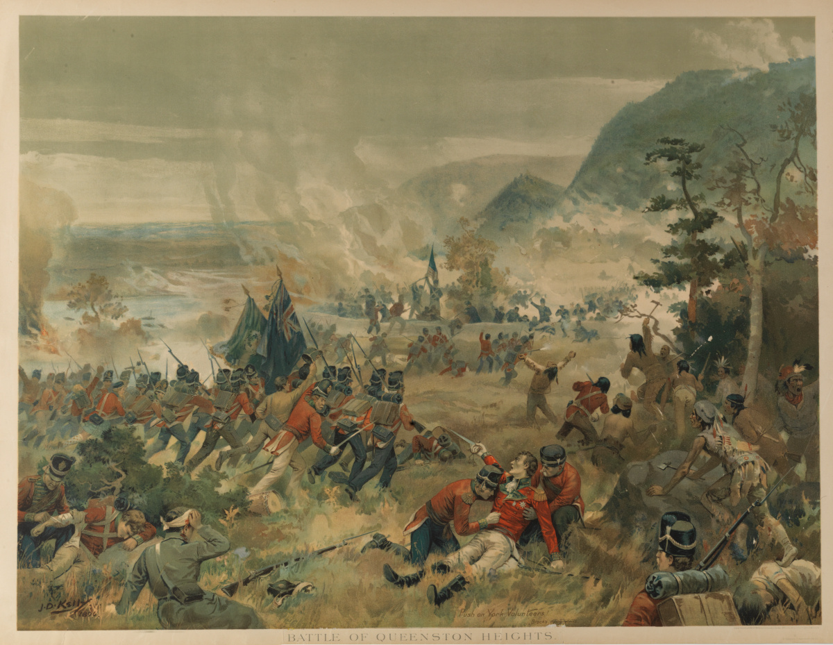 Scène de bataille chaotique. En avant-plan, un officier blessé au sol agite une épée, alors que deux soldats se penchent sur lui. À gauche, des soldats en uniforme rouge sous un étendard bleu avancent vers des soldats au loin, vêtus de bleu, qui agitent le drapeau américain. À droite, des guerriers autochtones sortent des bois.