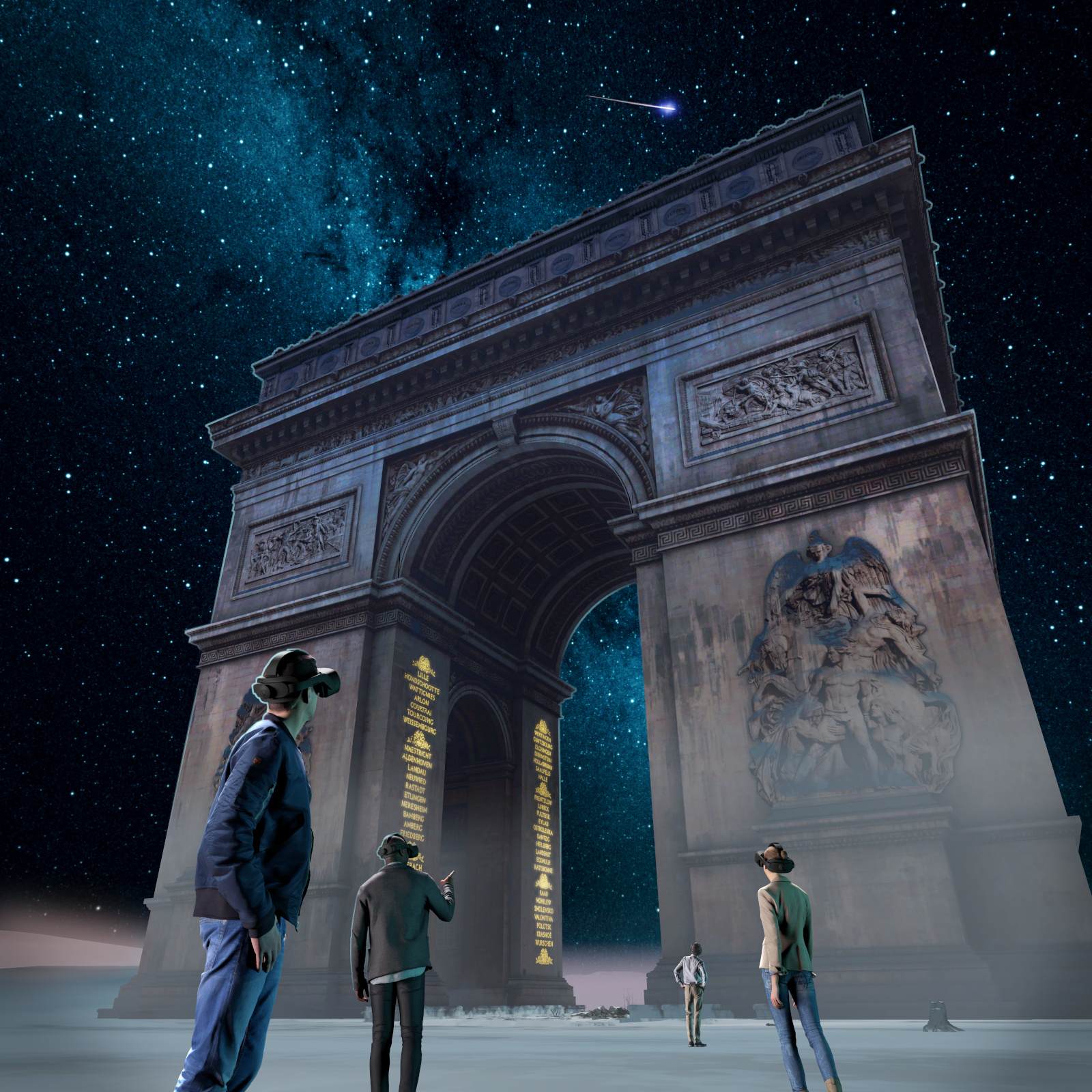 Image numérique montrant des personnes en réalité virtuelle face à l’Arc de Triomphe, sur fond de ciel étoilé, avec des noms gravés illuminés.