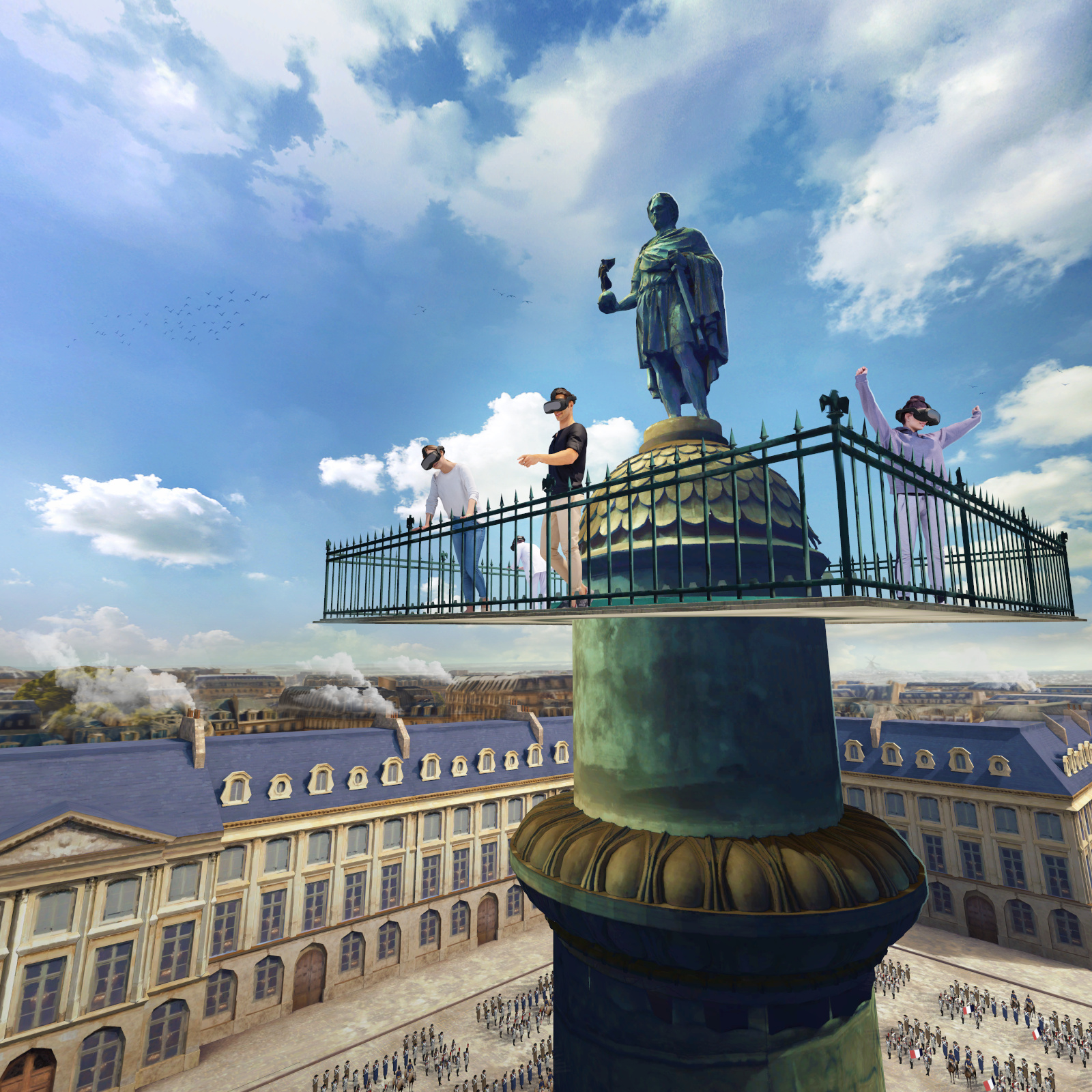 Image numérique montrant des personnes en réalité virtuelle sur une plateforme au sommet d’une colonne dominant une place urbaine.