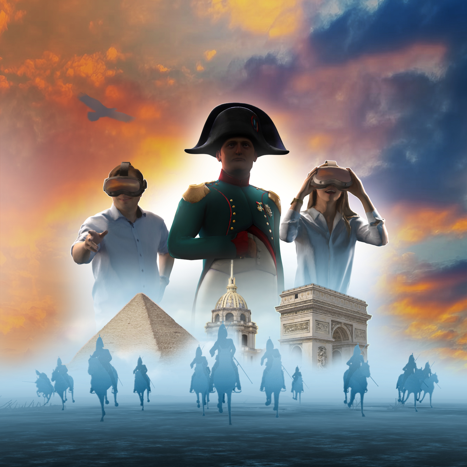 mage numérique de Napoléon en uniforme, entouré de deux personnes en réalité virtuelle, une charge de cavalerie au premier plan ainsi qu’une pyramide et un arc monumental.