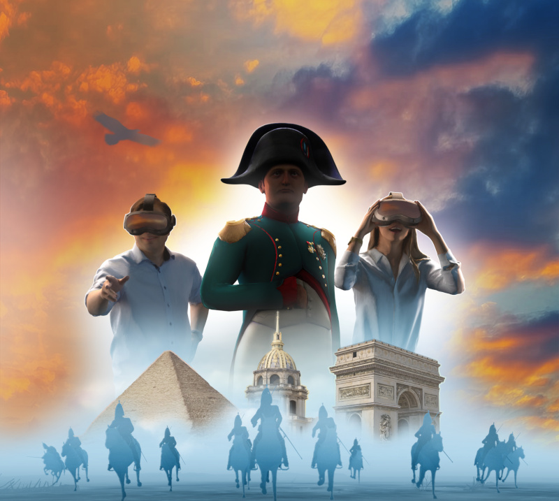 Image numérique de Napoléon en uniforme, entouré de deux personnes en réalité virtuelle, une charge de cavalerie au premier plan ainsi qu’une pyramide et un arc monumental.